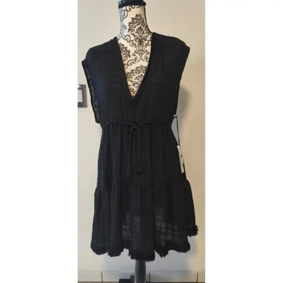 Robin Piccone Natalie Black Cover-Up Dress Drawstring Waist Fringe Hem Medium - Picture 3 of 7